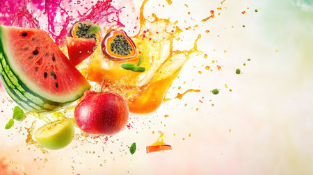 Watermelon, passion fruit, and apple with colorful juice splashes, arranged dynamically with copy space availableの素材
