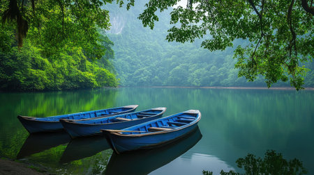 Fishing boats anchored on a tranquil lake, embraced by dense forest trees, capturing the essence of peaceful outdoor life.の素材