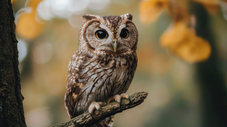 Owl with intricate brown and white feathers perched on a tree branch, against a blurred background, perfect for nature-inspired designs with copy spaceの素材