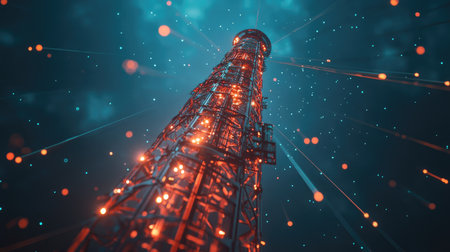 A digital communication tower with glowing signals, symbolizing advanced technology.の素材