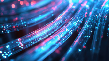 A close-up of a network cable with glowing light, symbolizing data transmission technology.の素材