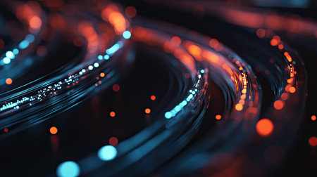 A close-up of fiber optic cables with glowing light, representing high-speed communication.の素材