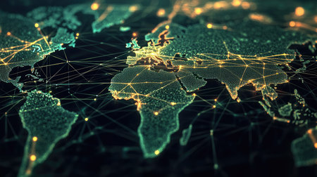 A digital world map with interconnected lines, symbolizing global network communication.の素材
