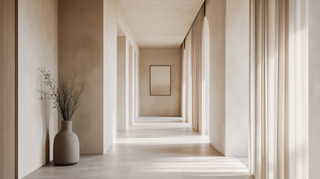 A hallway showcasing a minimalist design with neutral tones, clean lines, and subtle decorative elements.の素材