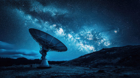 A satellite dish in a remote area under a starry sky, representing global internet reach.の素材