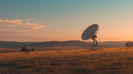 A satellite dish in a rural setting, representing reliable internet via satellite technology.の素材