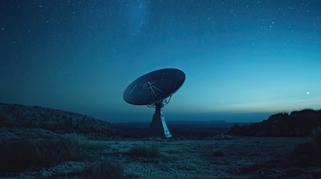 A satellite dish in a remote area under a starry sky, representing global internet reach.の素材