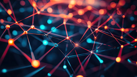 An abstract image of a network of nodes and connections, symbolizing communication technology.の素材