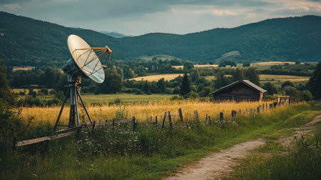 A satellite dish in a rural setting, representing reliable internet via satellite technology.の素材
