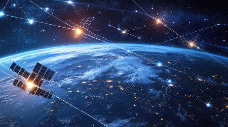 A futuristic image of satellites beaming internet signals across the globe.の素材