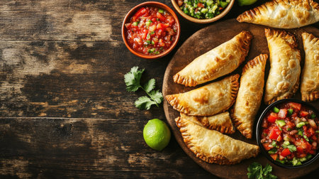 A spread of Southwestern appetizers including empanadas and salsa, viewed from above, with copy space.の素材