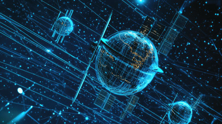 A stylized image of satellites and global communication lines, representing internet access.の素材