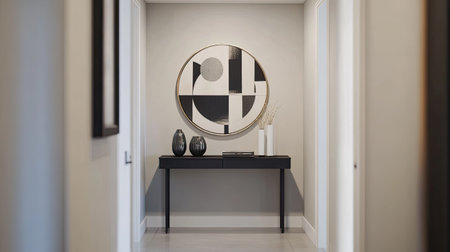A sleek, contemporary hallway with geometric wall art, a black console table, and a statement mirrorの素材