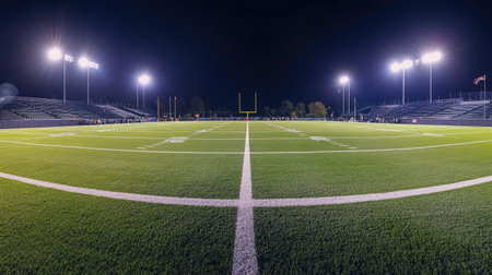 A wide-angle view of a football field under stadium lights, with crisp white lines and goalposts.の素材