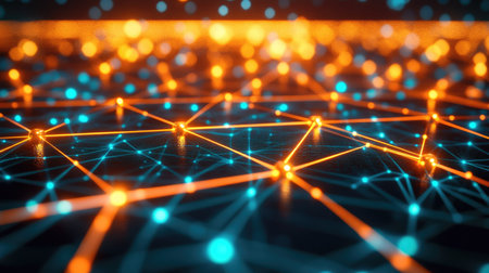 An abstract network grid with glowing nodes, symbolizing communication technology.の素材