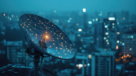 A rooftop satellite dish with glowing connections, symbolizing satellite internet service.の素材