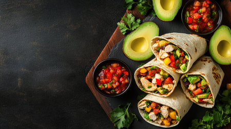 A top view of Southwestern chicken and avocado wraps with fresh salsa, with space for text.の素材