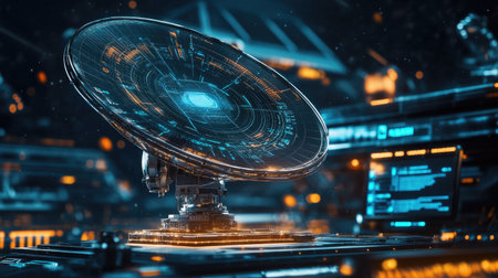 A satellite dish with a digital interface showing internet speed and connectivity.の素材