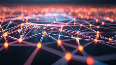 An abstract image of a network of nodes and connections, symbolizing communication technology.の素材