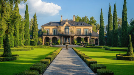 Renowned European mansion with a rustic copy floor and sprawling lawns leading to the horizon.の素材