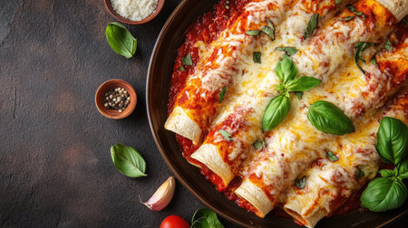 Enchiladas topped with cheese and red sauce, viewed from above, with room for copy space.の素材