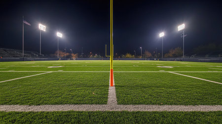 A wide-angle view of a football field under stadium lights, with crisp white lines and goalposts.の素材