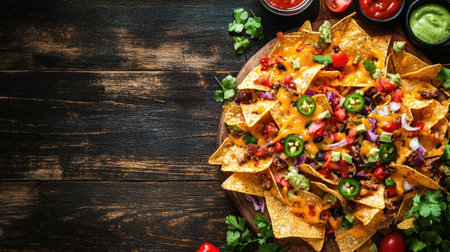 A top view of cheesy baked Southwestern nachos with various toppings, with ample copy space.の素材
