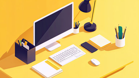 A workspace with a computer and virtual study materials, representing online education.の素材