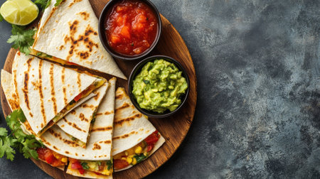 Southwestern-style quesadillas with a side of salsa and guacamole, top view, with copy space available.の素材