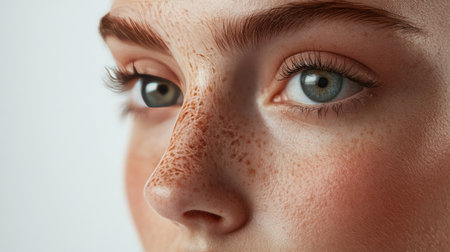 Close-up of a woman's flawless skin, smooth and radiant, perfect complexion, with clean backgroundの素材