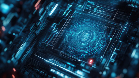 Top view of a biometric ID scanner with digital data, with space for copy text.の素材