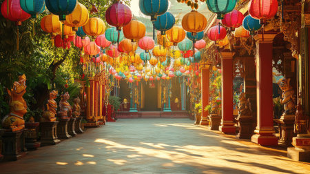 Colorful Southeast Asian lanterns hanging in a temple courtyard, festive atmosphere, no peopleの素材