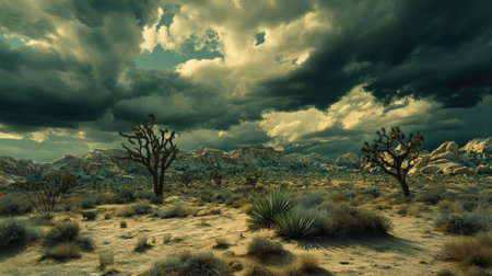 The otherworldly landscape of Joshua Tree National Park, with plenty of room for text.の素材