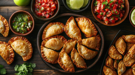 A spread of Southwestern appetizers including empanadas and salsa, viewed from above, with copy space.の素材
