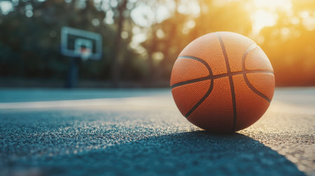 Close-up of a basketball lying on a sunlit court, highlighting texture and detail, with space for text.の素材