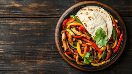 Top view of a plate of sizzling fajitas with grilled vegetables and tortillas, with ample copy space available.の素材