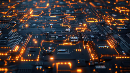 Top view of a circuit board with glowing connections, with room for copy space.の素材