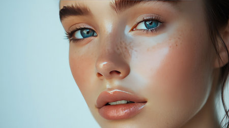 Flawless skin with a dewy finish, model's face in soft light, perfect complexion, with copy spaceの素材