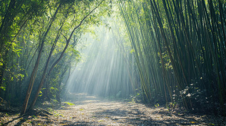 Peaceful Southeast Asian bamboo forest with sunlight filtering through the trees, no peopleの素材