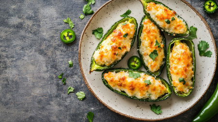 A plate of spicy jalape poppers with cheese filling, viewed from above, with room for copy space.の素材