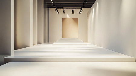 Minimalist runway with clean lines and neutral tones, creating an intimate atmosphere, with ample copy space.の素材