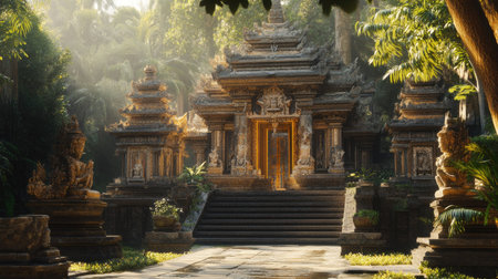 Majestic Southeast Asian temple with intricate carvings and statues, spiritual and sereneの素材