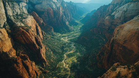 Top view of Zion National Park's stunning canyon landscape, with space for copy.の素材