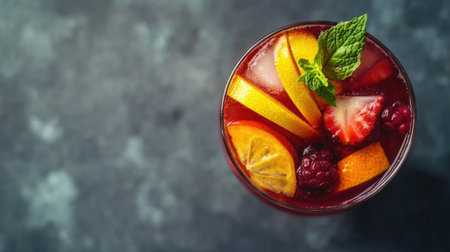 Top view of a glass of Spanish sangria with fresh fruit, with ample copy space.の素材