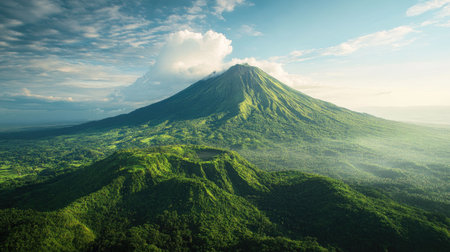 Majestic Southeast Asian volcano with a lush green base, towering over the landscapeの素材