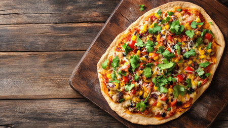 Top view of a colorful Southwestern flatbread pizza with fresh toppings, with space for copy.の素材