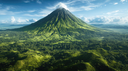 Majestic Southeast Asian volcano with a lush green base, towering over the landscapeの素材