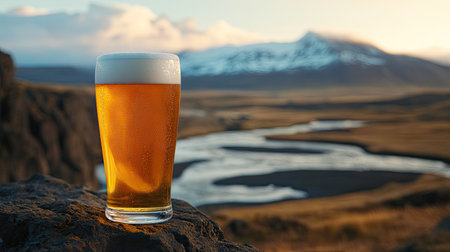 Top view of a glass of Icelandic beer with a scenic background, with room for copy space.の素材