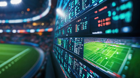 Vibrant online sports betting dashboard with live football results and odds, with ample space for text.の素材