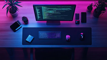 Top view of a data science workspace with code and charts, with room for copy space.の素材